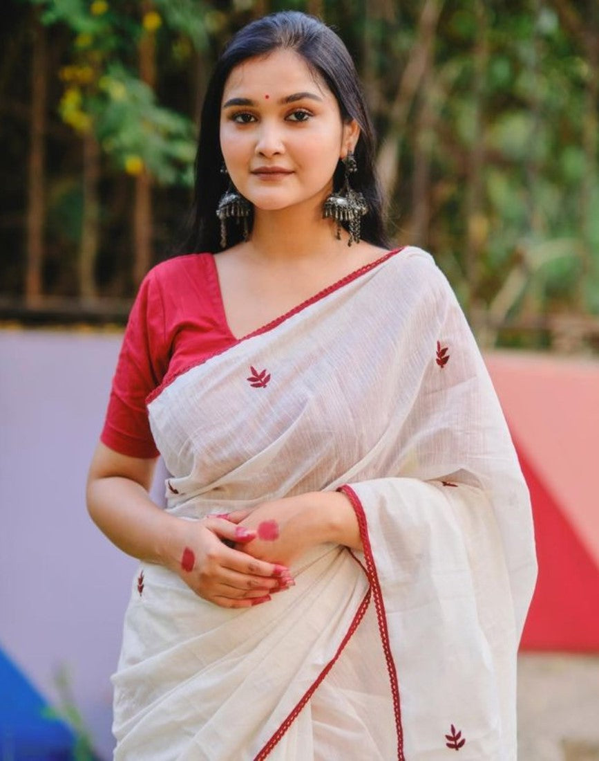 Women's Linen Embroidered Saree With Unstitched Blouse - 5.5 Mtr (White-Red)
