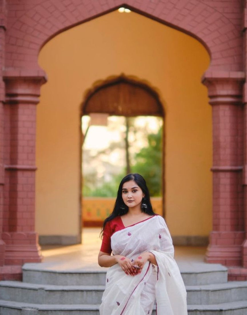 Women's Linen Embroidered Saree With Unstitched Blouse - 5.5 Mtr (White-Red)