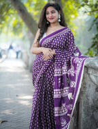 Women's Linen Printed Saree With Unstitched Blouse - 5.5 Mtr (Purple)