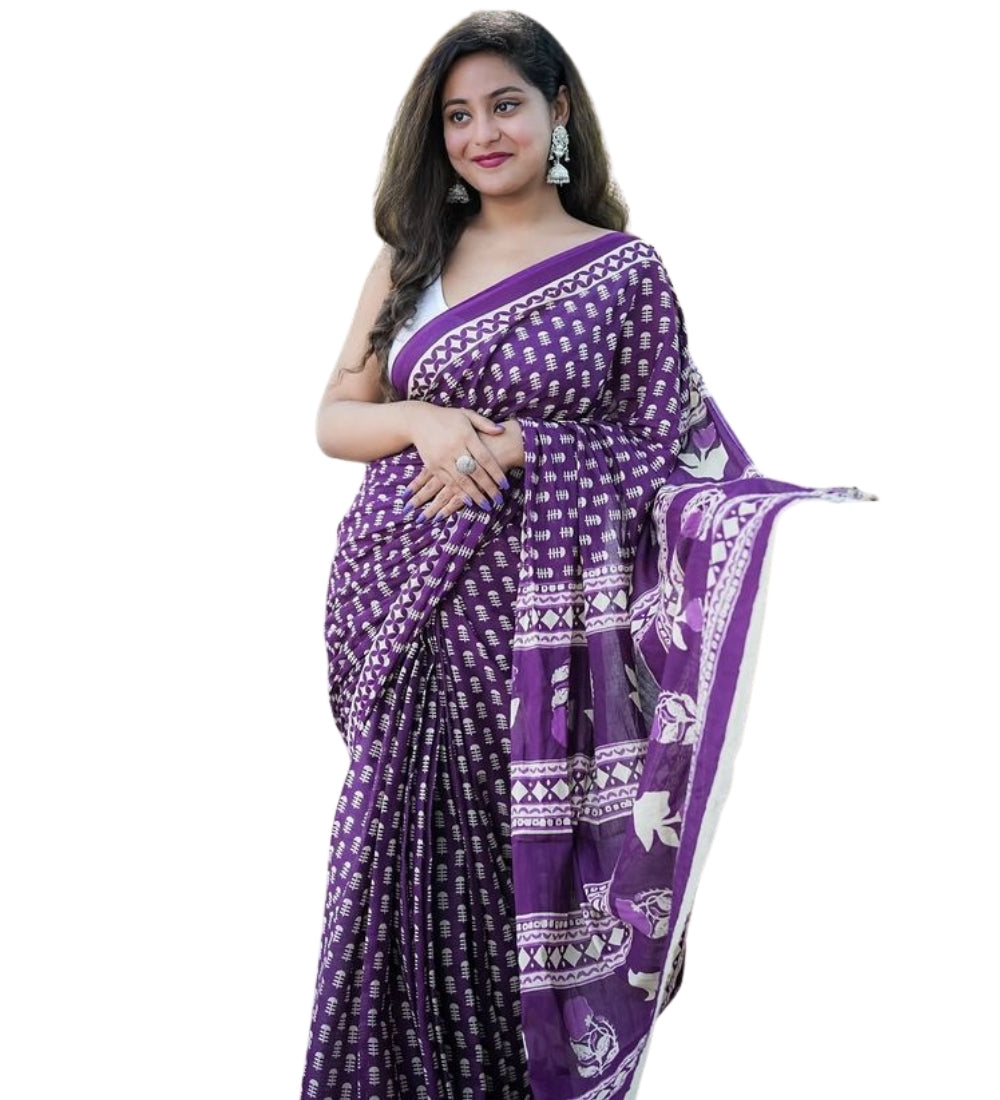 Women's Linen Printed Saree With Unstitched Blouse - 5.5 Mtr (Purple)