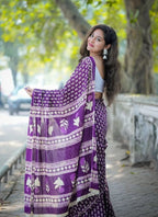 Women's Linen Printed Saree With Unstitched Blouse - 5.5 Mtr (Purple)
