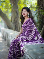 Women's Linen Printed Saree With Unstitched Blouse - 5.5 Mtr (Purple)