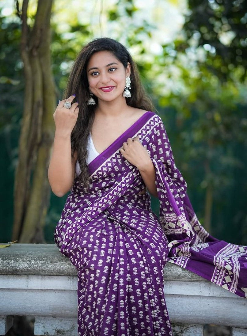 Women's Linen Printed Saree With Unstitched Blouse - 5.5 Mtr (Purple)