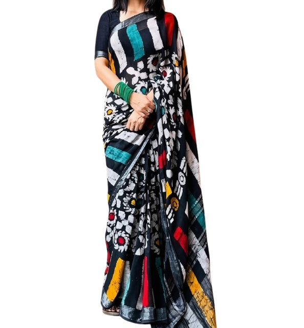 Women's Linen Floral Printed Saree With Unstitched Blouse - 5.5 Mtr (Multicolor)