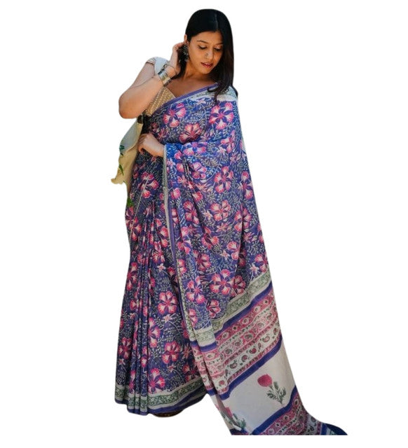 Women's Linen Floral Printed Saree With Unstitched Blouse - 5.5 Mtr (Multicolor)