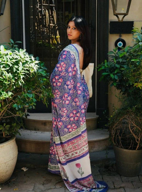 Women's Linen Floral Printed Saree With Unstitched Blouse - 5.5 Mtr (Multicolor)