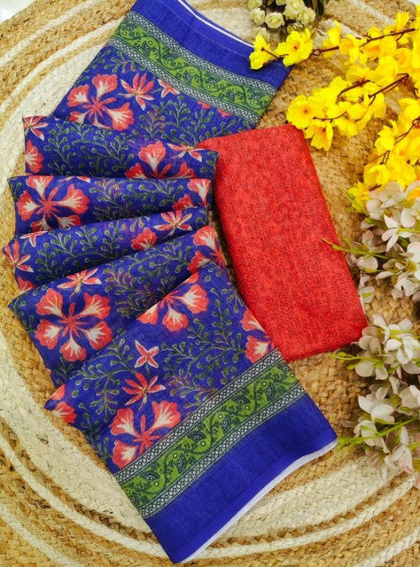 Women's Linen Floral Printed Saree With Unstitched Blouse - 5.5 Mtr (Multicolor)
