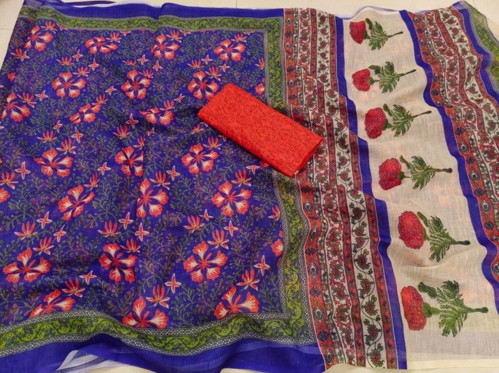 Women's Linen Floral Printed Saree With Unstitched Blouse - 5.5 Mtr (Multicolor)