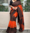 Women's Linen Checkered Saree With Unstitched Blouse - 5.5 Mtr (Orange-Black)