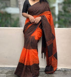 Women's Linen Checkered Saree With Unstitched Blouse - 5.5 Mtr (Orange-Black)