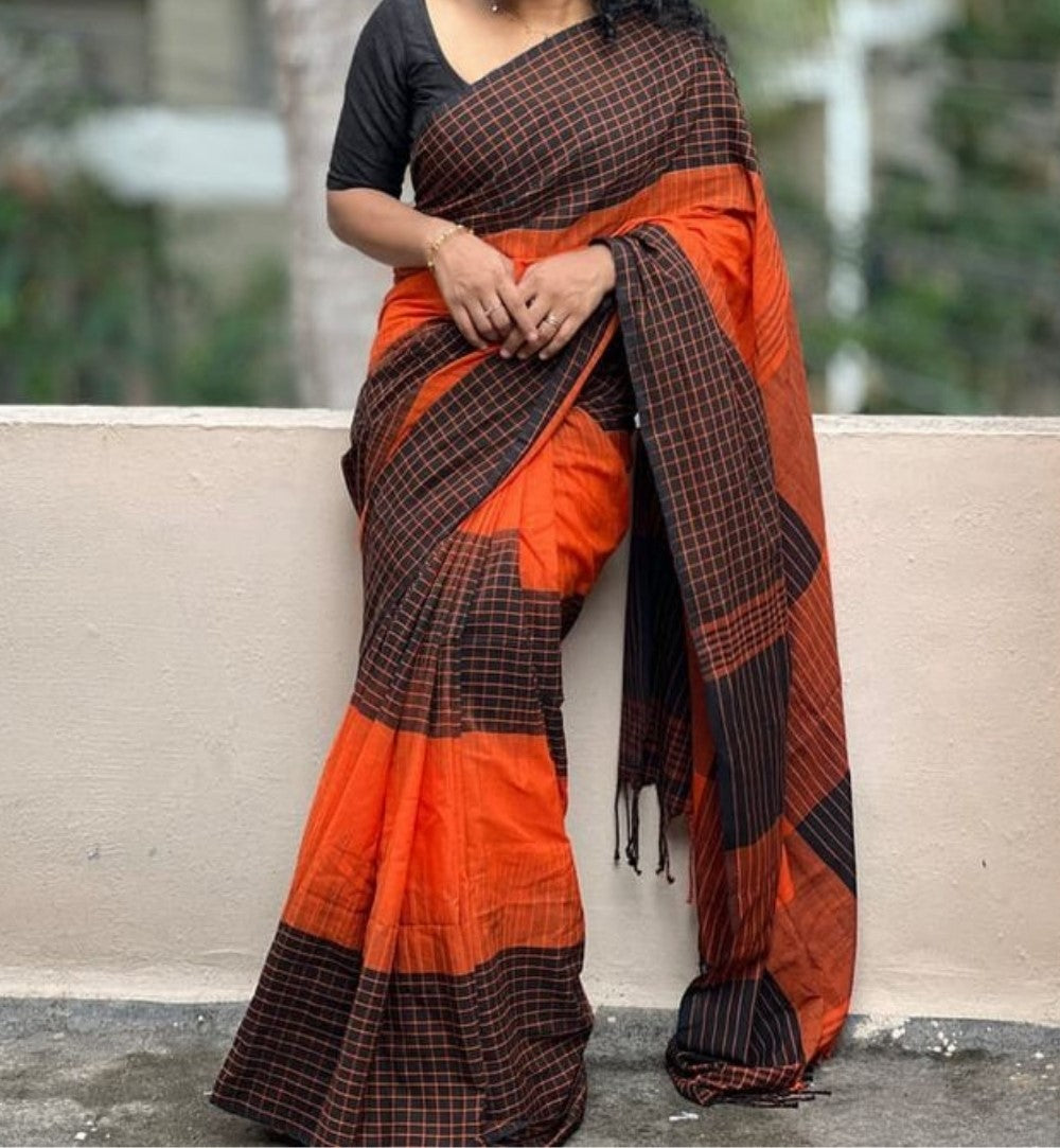 Women's Linen Checkered Saree With Unstitched Blouse - 5.5 Mtr (Orange-Black)