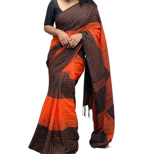 Women's Linen Checkered Saree With Unstitched Blouse - 5.5 Mtr (Orange-Black)