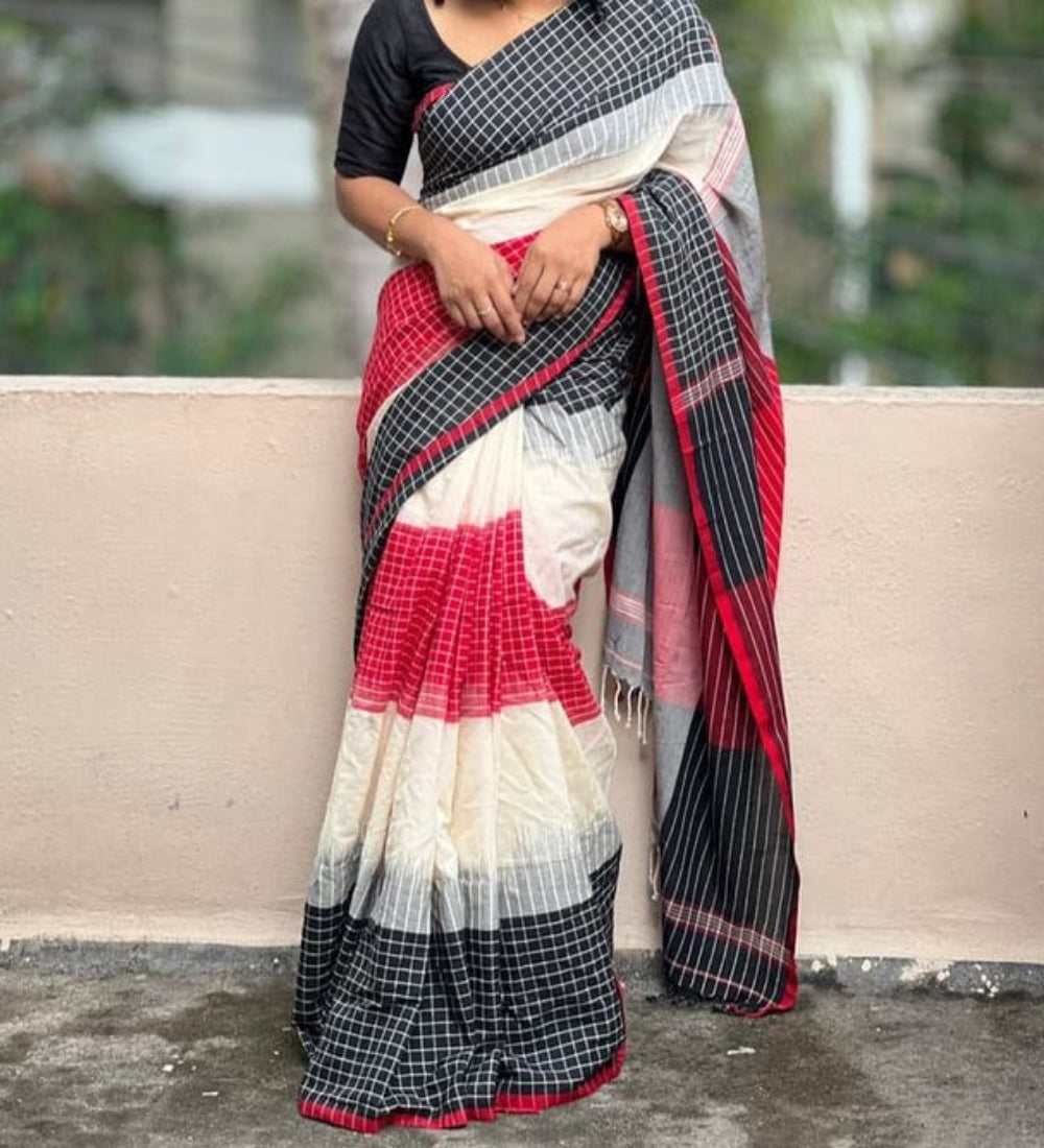 Women's Linen Checkered Saree With Unstitched Blouse - 5.5 Mtr (Multicolor)