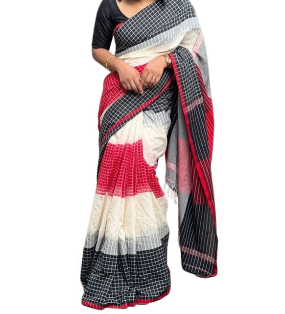 Women's Linen Checkered Saree With Unstitched Blouse - 5.5 Mtr (Multicolor)
