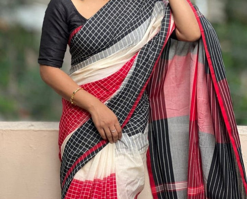 Women's Linen Checkered Saree With Unstitched Blouse - 5.5 Mtr (Multicolor)