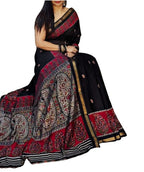 Women's Linen Kalamkari Printed Saree With Unstitched Blouse - 5.5 Mtr (Black-Red)