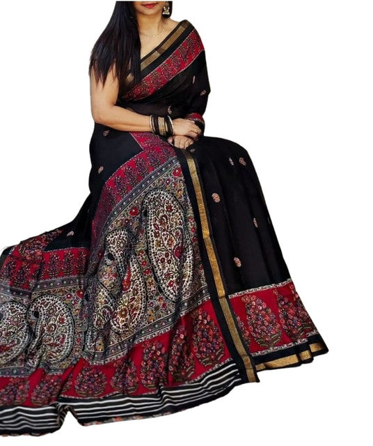 Women's Linen Kalamkari Printed Saree With Unstitched Blouse - 5.5 Mtr (Black-Red)