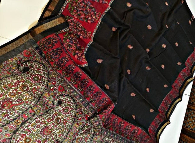 Women's Linen Kalamkari Printed Saree With Unstitched Blouse - 5.5 Mtr (Black-Red)