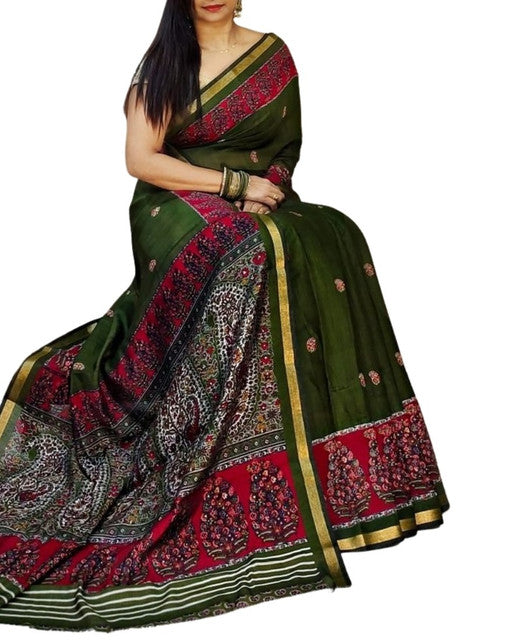 Women's Linen Kalamkari Printed Saree With Unstitched Blouse - 5.5 Mtr (Green-Pink)