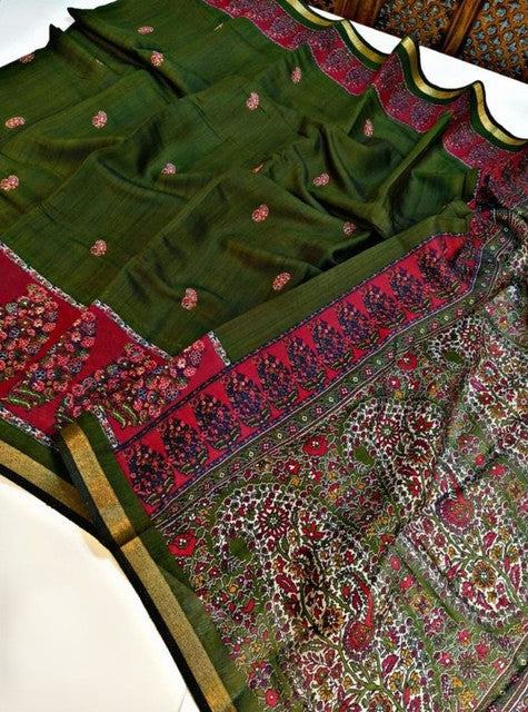 Women's Linen Kalamkari Printed Saree With Unstitched Blouse - 5.5 Mtr (Green-Pink)