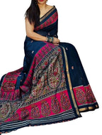 Women's Linen Kalamkari Printed Saree With Unstitched Blouse - 5.5 Mtr (Navy Blue- Pink)