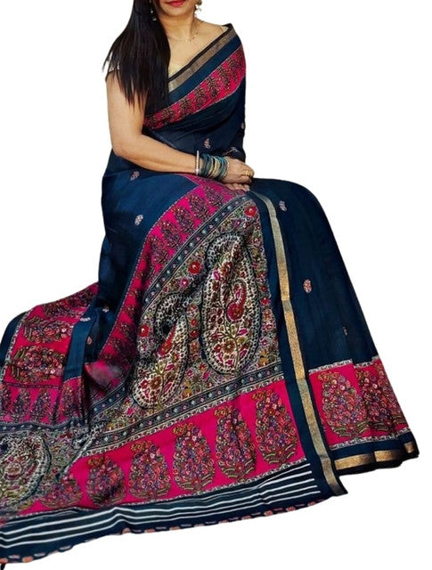 Women's Linen Kalamkari Printed Saree With Unstitched Blouse - 5.5 Mtr (Navy Blue- Pink)