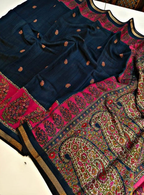 Women's Linen Kalamkari Printed Saree With Unstitched Blouse - 5.5 Mtr (Navy Blue- Pink)