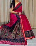 Women's Linen Kalamkari Printed Saree With Unstitched Blouse - 5.5 Mtr (Pink-Navy Blue)