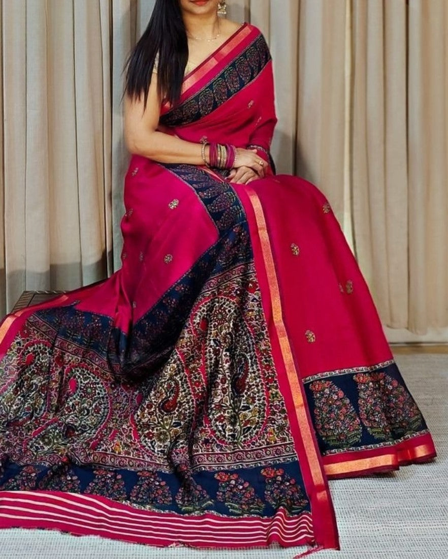 Women's Linen Kalamkari Printed Saree With Unstitched Blouse - 5.5 Mtr (Pink-Navy Blue)