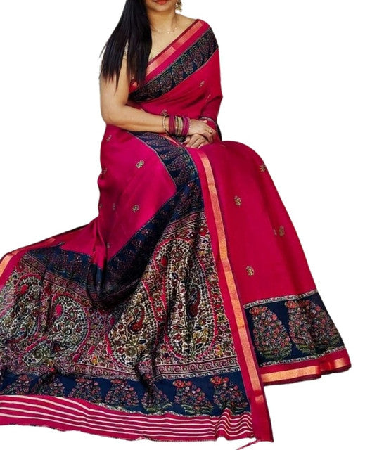 Women's Linen Kalamkari Printed Saree With Unstitched Blouse - 5.5 Mtr (Pink-Navy Blue)
