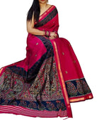 Women's Linen Kalamkari Printed Saree With Unstitched Blouse - 5.5 Mtr (Pink-Navy Blue)