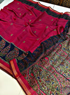Women's Linen Kalamkari Printed Saree With Unstitched Blouse - 5.5 Mtr (Pink-Navy Blue)