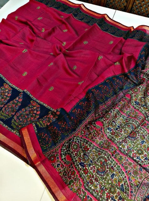 Women's Linen Kalamkari Printed Saree With Unstitched Blouse - 5.5 Mtr (Pink-Navy Blue)