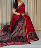 Women's Linen Kalamkari Printed Saree With Unstitched Blouse - 5.5 Mtr (Red-Navy Blue)