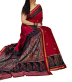 Women's Linen Kalamkari Printed Saree With Unstitched Blouse - 5.5 Mtr (Red-Navy Blue)