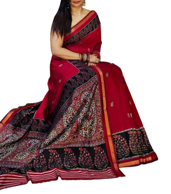 Women's Linen Kalamkari Printed Saree With Unstitched Blouse - 5.5 Mtr (Red-Navy Blue)