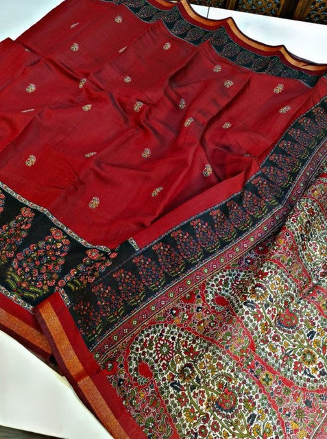 Women's Linen Kalamkari Printed Saree With Unstitched Blouse - 5.5 Mtr (Red-Navy Blue)