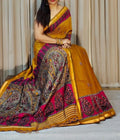 Women's Linen Kalamkari Printed Saree With Unstitched Blouse - 5.5 Mtr (Mustard-Yellow-Magenta)