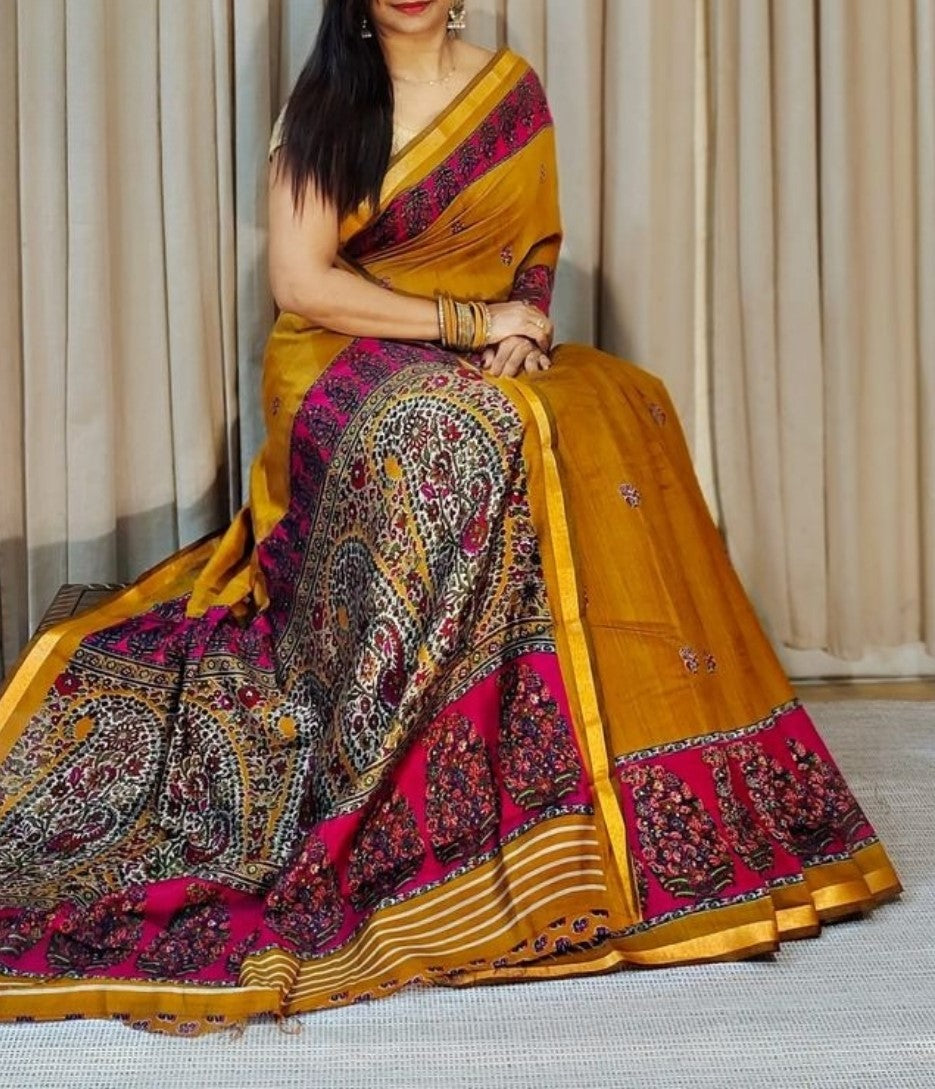 Women's Linen Kalamkari Printed Saree With Unstitched Blouse - 5.5 Mtr (Mustard-Yellow-Magenta)