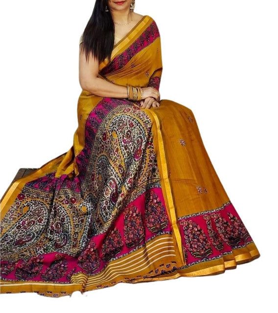 Women's Linen Kalamkari Printed Saree With Unstitched Blouse - 5.5 Mtr (Mustard-Yellow-Magenta)