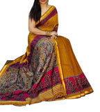 Women's Linen Kalamkari Printed Saree With Unstitched Blouse - 5.5 Mtr (Mustard-Yellow-Magenta)