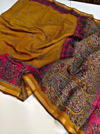 Women's Linen Kalamkari Printed Saree With Unstitched Blouse - 5.5 Mtr (Mustard-Yellow-Magenta)