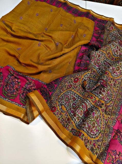 Women's Linen Kalamkari Printed Saree With Unstitched Blouse - 5.5 Mtr (Mustard-Yellow-Magenta)