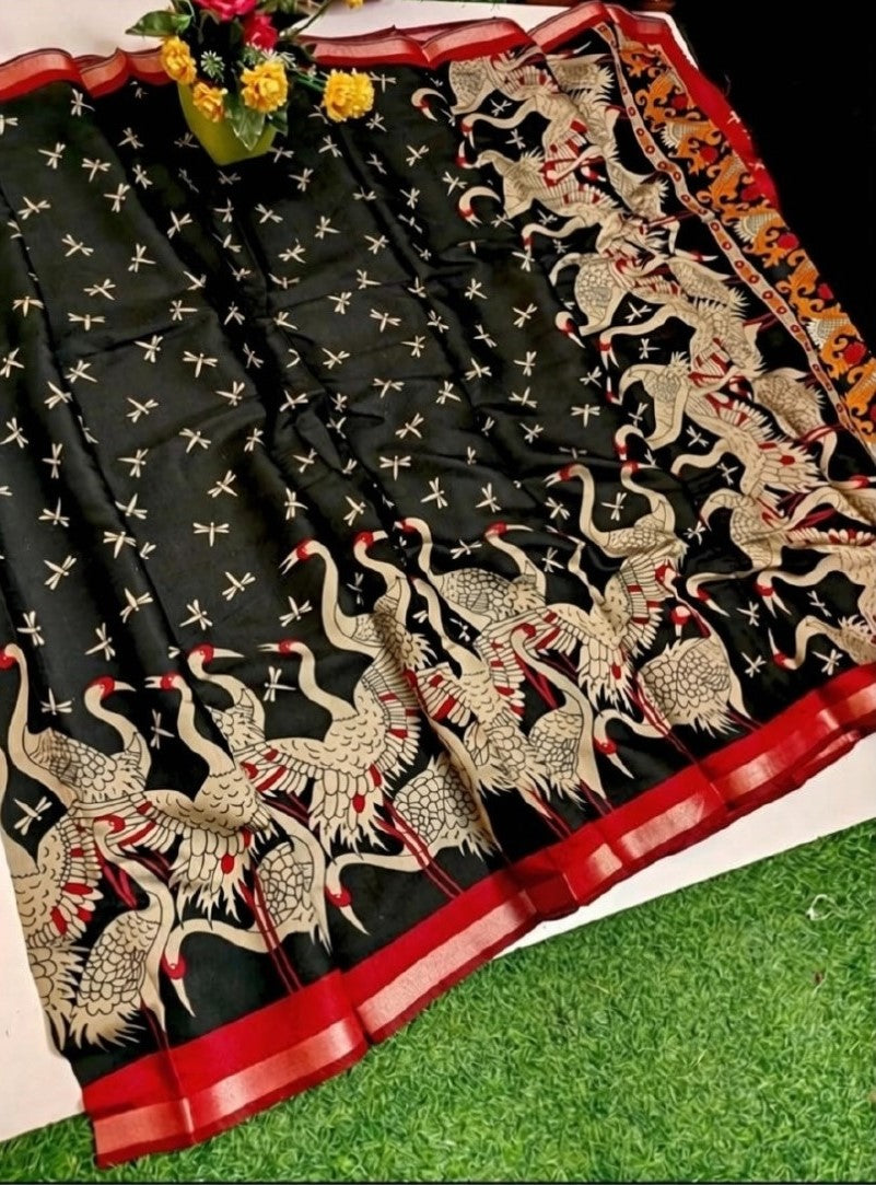 Women's Linen Kalamkari Printed Saree With Unstitched Blouse - 5.5 Mtr (Black-Red)
