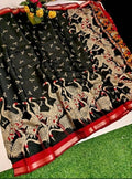 Women's Linen Kalamkari Printed Saree With Unstitched Blouse - 5.5 Mtr (Black-Red)