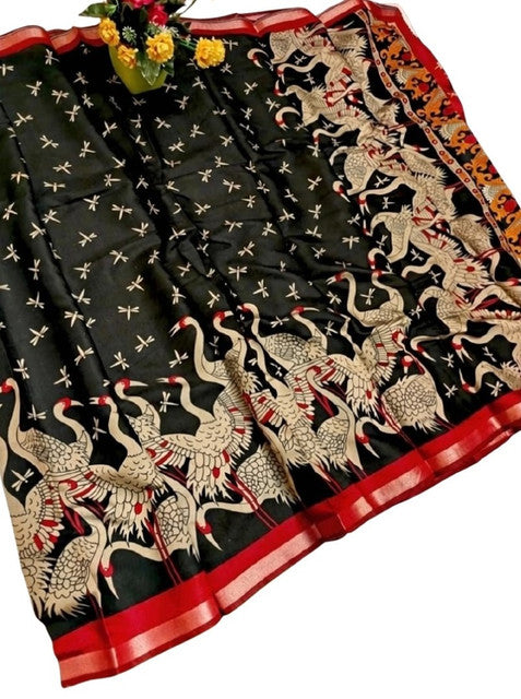 Women's Linen Kalamkari Printed Saree With Unstitched Blouse - 5.5 Mtr (Black-Red)