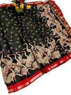 Women's Linen Kalamkari Printed Saree With Unstitched Blouse - 5.5 Mtr (Black-Red)