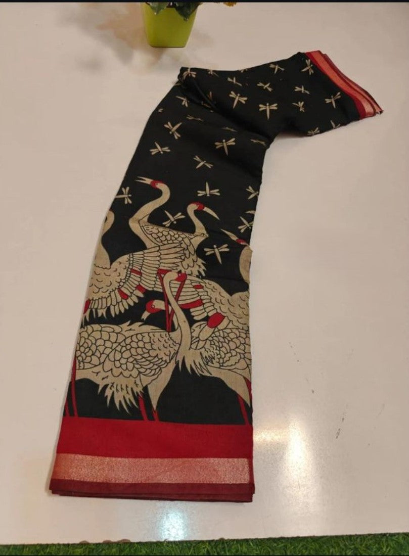 Women's Linen Kalamkari Printed Saree With Unstitched Blouse - 5.5 Mtr (Black-Red)