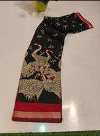 Women's Linen Kalamkari Printed Saree With Unstitched Blouse - 5.5 Mtr (Black-Red)