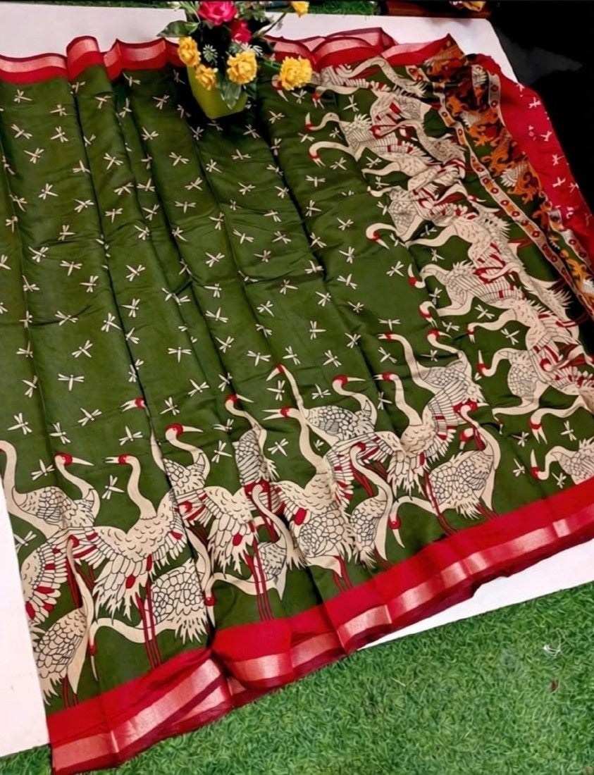 Women's Linen Kalamkari Printed Saree With Unstitched Blouse - 5.5 Mtr (Olive Green-Red)